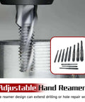 11 Piece Adjustable Hand Reamer Set Pro Grade High Speed Steel For Drilling Machines From Fifteen Thirty Second Inch To One And A Half Inch With Straight Flute And Straight Handle For Precise Hole Sizing And Easy Cutting shown in use and set display