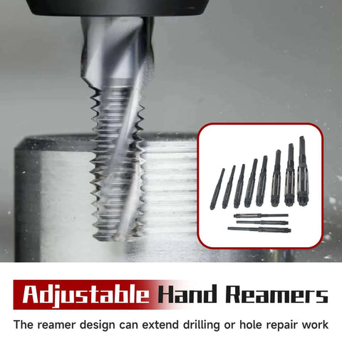11 Piece Adjustable Hand Reamer Set Pro Grade High Speed Steel For Drilling Machines From Fifteen Thirty Second Inch To One And A Half Inch With Straight Flute And Straight Handle For Precise Hole Sizing And Easy Cutting shown in use and set display
