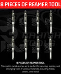 Display of 8-piece Adjustable Hand Reamer Tool Set with labeled sizes H4-H11 for precise hole finishing in metal and wood