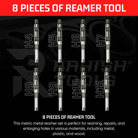 Display of 8-piece Adjustable Hand Reamer Tool Set with labeled sizes H4-H11 for precise hole finishing in metal and wood