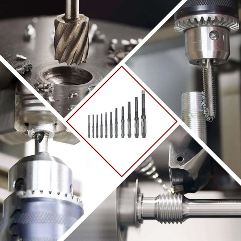 11 Piece Adjustable Hand Reamer Set Pro Grade High Speed Steel For Drilling Machines From Fifteen Thirty Second Inch To One And A Half Inch With Straight Flute And Straight Handle For Precise Hole Sizing And Easy Cutting shown with various drill applications.
