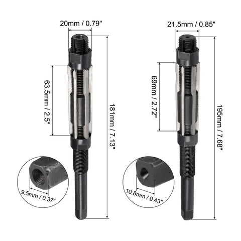 Adjustable Pro Grade Hand Reamer Set 19 To 21 Mm And 21 To 23 Mm High Speed Steel H8 Tool With 6 Straight Flutes, front view.