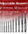 11 Piece Adjustable Hand Reamer Set Pro Grade High Speed Steel For Drilling Machines From Fifteen Thirty Second Inch To One And A Half Inch With Straight Flute And Straight Handle For Precise Hole Sizing And Easy Cutting displayed on a red background with size details