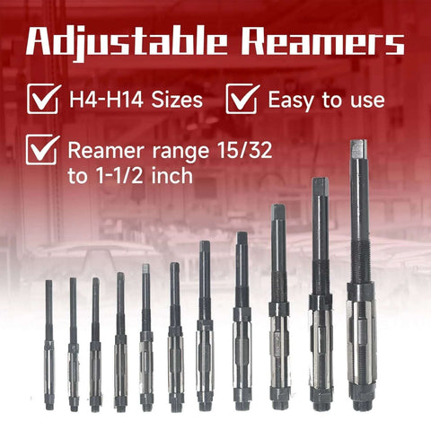 11 Piece Adjustable Hand Reamer Set Pro Grade High Speed Steel For Drilling Machines From Fifteen Thirty Second Inch To One And A Half Inch With Straight Flute And Straight Handle For Precise Hole Sizing And Easy Cutting displayed on a red background with size details