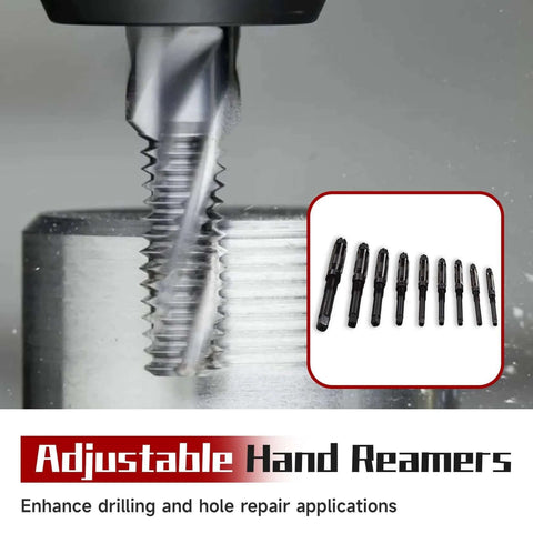 Adjustable Hand Reamer Set, 9 Piece High Speed Steel Reamers Ranging From 15/32 Inch To 1-3/16 Inch, Straight Flute in drilling use