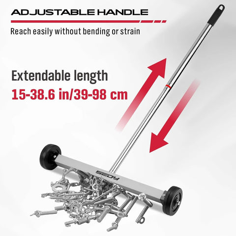Effortless floor cleanup with a 17 inch heavy‑duty magnet sweeper that lifts nails, screws, and ferrous debris; 8.8 lb capacity