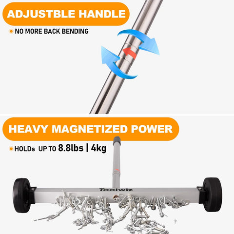 Effortlessly lifts ferrous metal debris with a 17 inch heavy duty magnetic sweeper, 8.8 lb load, adjustable handle, 3 inch wheels.