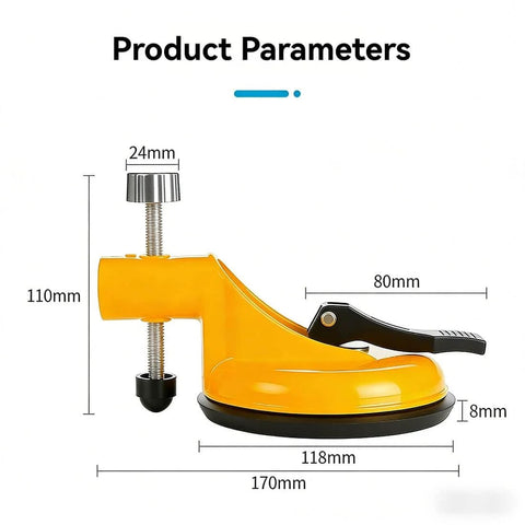 Side view of Adjustable Height Countertop Leveler Pro with dimensions, featuring powerful vacuum suction grip for granite and marble surfaces.