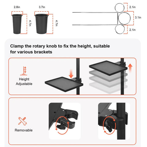Diagram showing the On Wheels Salon Tray Cart With Adjustable Height And Storage Platform Aluminum And Iron Rolling