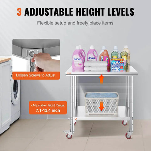 Heavy Duty Stainless Steel Work Table With Four Rolling Casters 36 By 24 Inches Commercial Kitchen Food Prep Station for Restaurant Use, showing adjustable height feature with items on top.