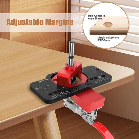 Concealed 35mm Cabinet Hinges With Foldable Soft Close Retrofit Design And Drill Locator Tool Kit showing adjustable margins.