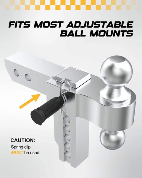 Trailer Hitch Receiver Pin Lock Set With Dual One Half And Five Eighths Inch Pins shown installed on adjustable ball mount