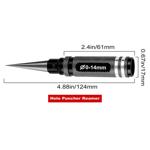 Adjustable 0 To 14mm Hole Puncher Reamer For RC Car Body Shells And Aircraft Models, stainless steel, black tool with measurements