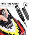 Adjustable 0 To 14mm Hole Puncher Reamer For RC Car Body Shells And Aircraft Models Stainless Steel Durable Built Tough Black Tool With Sleeve Compatible With Quadcopters Planes Helicopters Boats And Other RC Hobby Projects shown puncturing an RC car body.