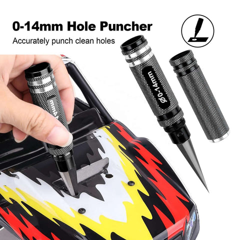 Adjustable 0 To 14mm Hole Puncher Reamer For RC Car Body Shells And Aircraft Models Stainless Steel Durable Built Tough Black Tool With Sleeve Compatible With Quadcopters Planes Helicopters Boats And Other RC Hobby Projects shown puncturing an RC car body.