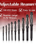 Adjustable Hand Reamer Set, 9 Piece High Speed Steel Reamers Ranging From 15/32 Inch To 1-3/16 Inch, Straight Flute, A Handy Pro Grade Kit For Drilling Machines And Other Gear Findmall displayed with size range 11.75-19.5mm, H4-H12 sizes showcased.