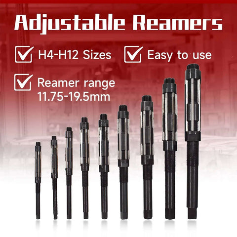 Adjustable Hand Reamer Set, 9 Piece High Speed Steel Reamers Ranging From 15/32 Inch To 1-3/16 Inch, Straight Flute, A Handy Pro Grade Kit For Drilling Machines And Other Gear Findmall displayed with size range 11.75-19.5mm, H4-H12 sizes showcased.