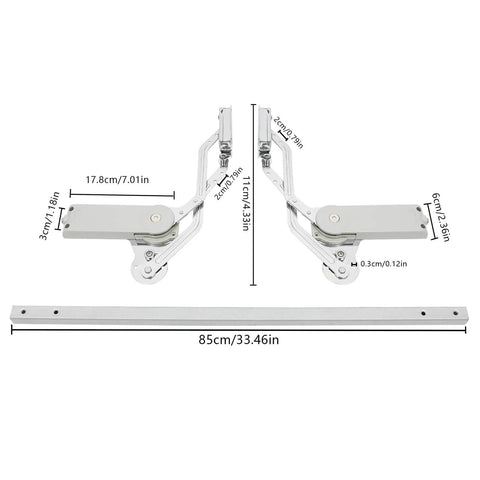Dimensions and layout of adjustable hydraulic buffer cabinet door hinges with vertical swing lift up, 7.72-8.82 lbs capacity.