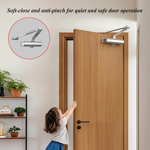Heavy Duty Hydraulic Door Closer With Adjustable Arm And Hold Open Aluminum Alloy Construction installed on wooden door