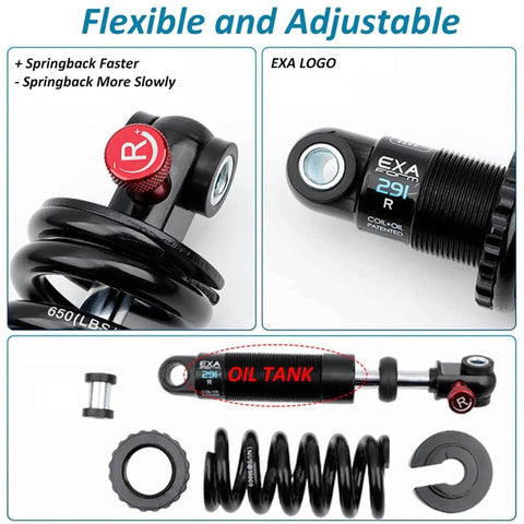 Adjustable Coil And Oil Rear Shock Absorber For MTB, E Bike, And Scooter Hydraulic Damping, red rebound knob, components view