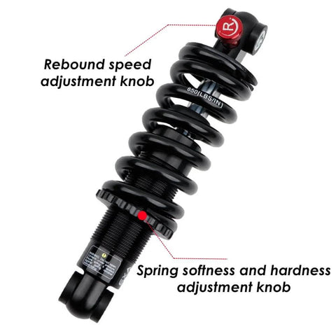 Adjustable Coil And Oil Rear Shock Absorber For MTB, E Bike, And Scooter Hydraulic Damping with red rebound knob, 165mm shown