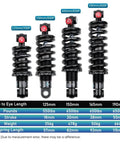 Four adjustable coil and oil rear shock absorbers for MTB, E-Bike, and scooter, featuring red rebound knob, with lengths 125mm to 190mm.