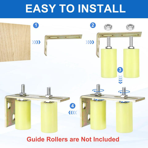 Installation steps of two adjustable L brackets for sliding doors with guide roller mounts, thickened steel construction.