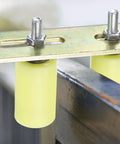 Close-up of Two Pack Adjustable L Shaped Brackets For Sliding Doors With Right Angle Guide Roller Mount, visible bolts and rollers.