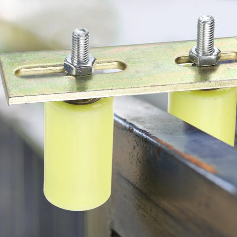 Close-up of Two Pack Adjustable L Shaped Brackets For Sliding Doors With Right Angle Guide Roller Mount, visible bolts and rollers.