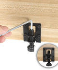 Installing four-pack adjustable L shaped furniture leveling feet with heavy duty brackets on a wooden surface using a hex wrench.