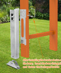 Ladder Leveler Pair For Extension Ladders installed on orange ladder with base fixing pin and U-shaped buckle on grass surface
