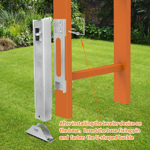 Ladder Leveler Pair For Extension Ladders installed on orange ladder with base fixing pin and U-shaped buckle on grass surface