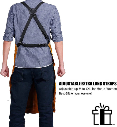Back view of Leather Welding Apron With 6 Tool Pockets, Heat And Flame Resistant Cowhide, adjustable straps, for men and women.