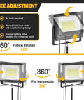 Diagram showing 2 Pack LED Work Lights With Stand 110W 11000 Lumens Portable Tripod Flood Lights IP65 Waterproof And Adjustable Head features.
