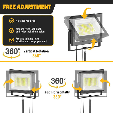 Diagram showing 2 Pack LED Work Lights With Stand 110W 11000 Lumens Portable Tripod Flood Lights IP65 Waterproof And Adjustable Head features.