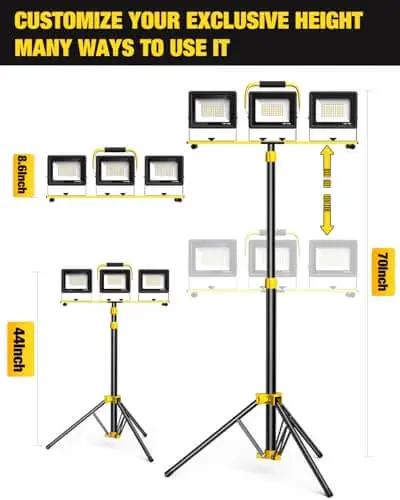 Beastly Bright 21000 Lumen LED Work Light With Stand showing adjustable height and three head design with tripod support.