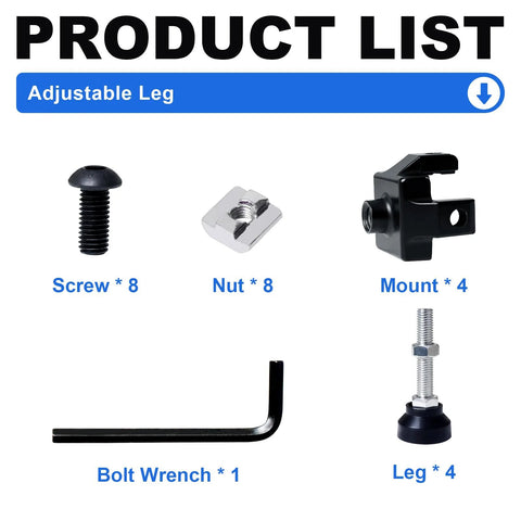 Product list image showing screws, nuts, mounts, bolt wrench, and 4 adjustable legs for 40x40 extrusion, used for stable leveling in setups.