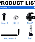 Four Pack 3030 Adjustable Leg Feet in black for 30x30 T-Slot and V-Slot aluminum extrusion with screws, nuts, mounts, and wrench.