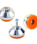 Rock Solid Heavy Duty Adjustable Leg Leveler Set 4 Pack M8 Thread 600 Lb Capacity close-up of orange and silver tone rubber base