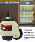 Close-up of 4 Pack 2 Inch Leveling Machine Stem Casters with Retractable Rubber Feet for Workbenches against shelf backdrop.