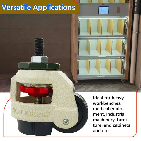 Close-up of 4 Pack 2 Inch Leveling Machine Stem Casters with Retractable Rubber Feet for Workbenches against shelf backdrop.