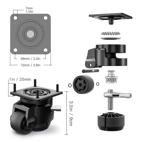 Exploded view of Four Pack Leveling Casters With Adjustable Height For Heavy Duty Swivel Plate Retractable Caster Wheels