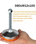 Heavy Duty Adjustable Leveling Feet With 3.14 Inch Base M12 Thread 1300 Pound Capacity For Workbenches Machines And Cabinets Durable Chrome Plated Steel Leg Levelers With Anti Slip Rubber Pads in hand showing size and material.