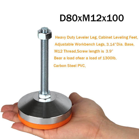 Heavy Duty Adjustable Leveling Feet With 3.14 Inch Base M12 Thread 1300 Pound Capacity For Workbenches Machines And Cabinets Durable Chrome Plated Steel Leg Levelers With Anti Slip Rubber Pads in hand showing size and material.