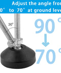 Close-up of 4 Pack Adjustable M10 Leveling Feet with T Nuts, showing angle adjustment from 90 to 70 degrees with threaded rubber and nylon base.