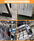 Heavy Duty Leveling Leg Set With 2.36 Inch Base Diameter And M12 Thread, shown installed on various machines and cabinets.