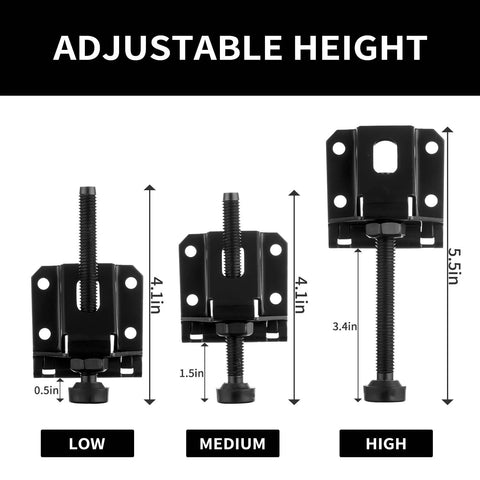 Beefy Heavy Duty 4 Pack Adjustable Leveling Feet for Tables and Cabinets showing height settings