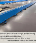 Close-up of installed Beefy Heavy Duty Adjustable Leveling Feet For Workbenches Machines Cabinets M16 Thread Three Point Nine Four Inch Base 33000 Lb Capacity 45 Steel With Rubber Non Slip Pads WUEIBUZUDAO Ideal For Industrial Use And Heavy Equipment Stands For Home Shops, showing blue base and rubber feet on a concrete floor.