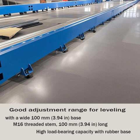 Close-up of installed Beefy Heavy Duty Adjustable Leveling Feet For Workbenches Machines Cabinets M16 Thread Three Point Nine Four Inch Base 33000 Lb Capacity 45 Steel With Rubber Non Slip Pads WUEIBUZUDAO Ideal For Industrial Use And Heavy Equipment Stands For Home Shops, showing blue base and rubber feet on a concrete floor.