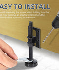 Durable heavy duty adjustable leveling feet with galvanized steel and non slip base installed, shown with drill and wrench